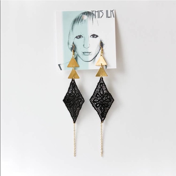 Fast Forward Earrings Black/ Gold Triangle Dangle - Picture 3 of 4